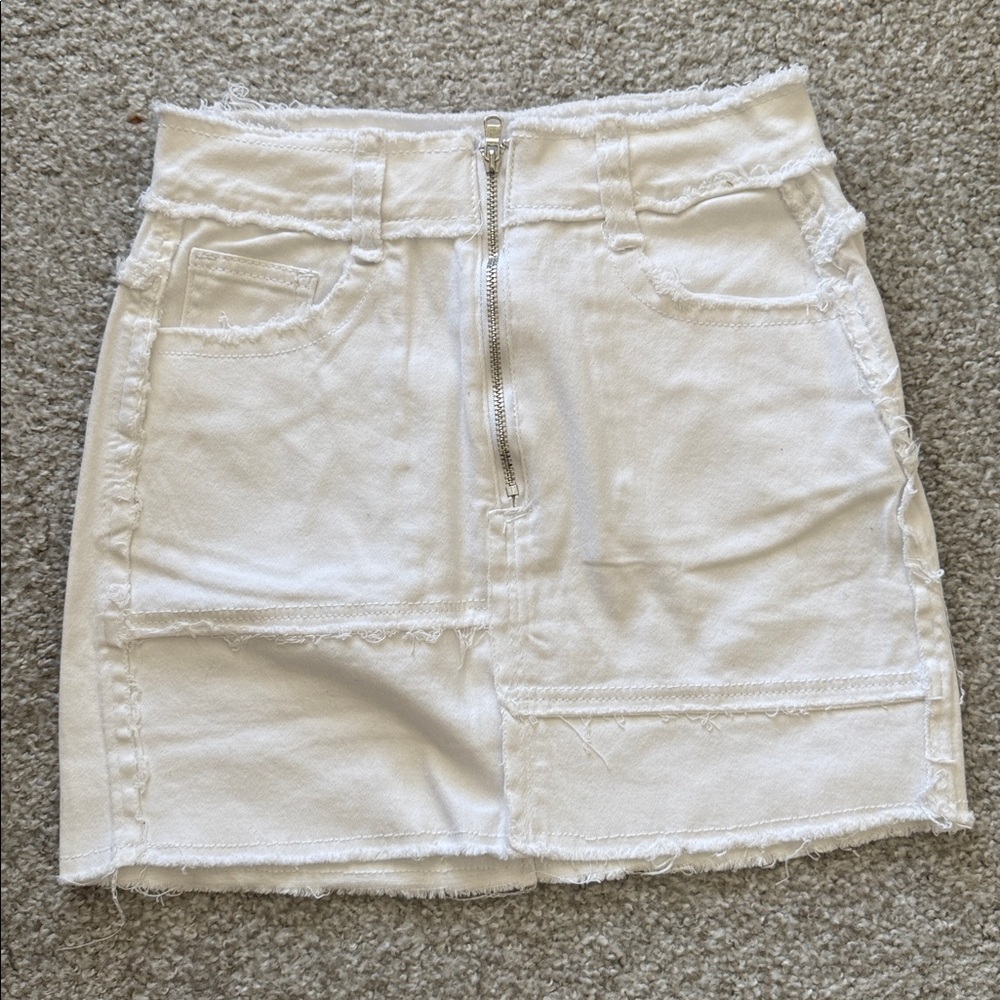 White Denim Mini Skirt with Frayed Hem